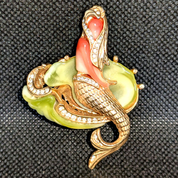 Hattie Carnegie Jewelry - Hattie Carnegie Mermaid Brooch Faux Orange Coral/Jade w/Rhinestones Unsigned 2”